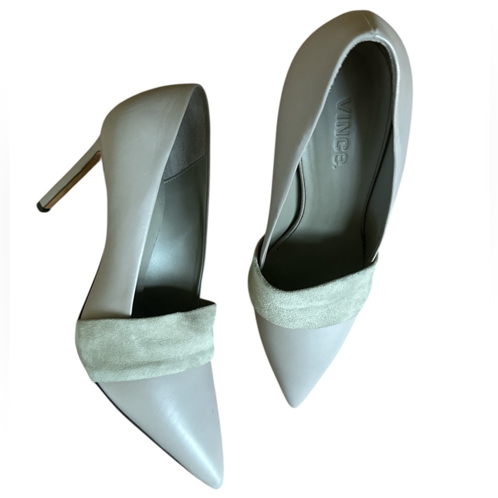 Vince Gray Pointed-Toe Leather Pumps with Suede Band